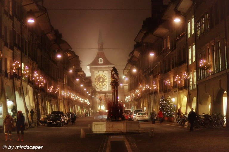 Xmas Lights in Foggy Kramgasse - Berne
