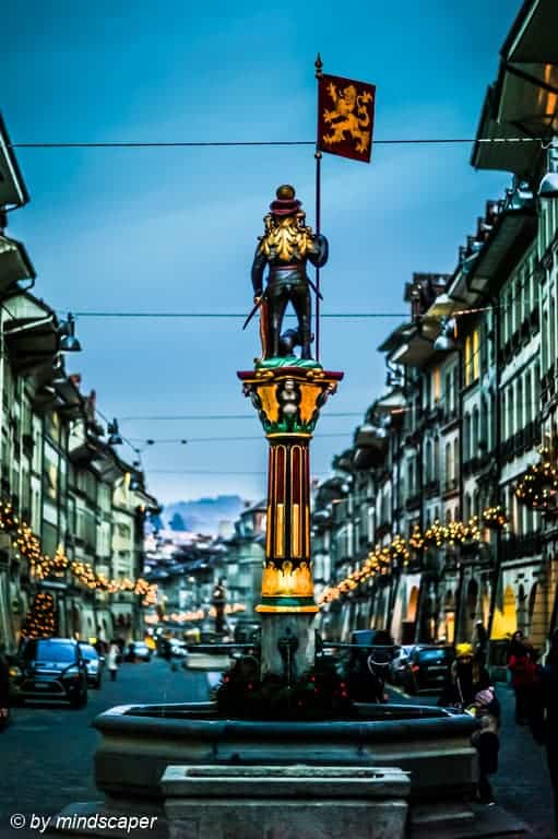 Zähringer Fountain Eveningrise with Kramgass Xmas Lights - Berne