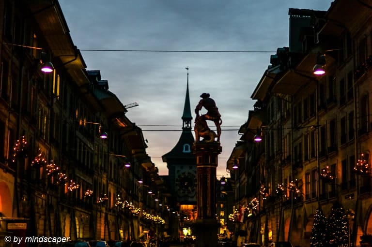 Xmas Lights in Kramgasse with Simson Fountain and Zytglogge - Berne