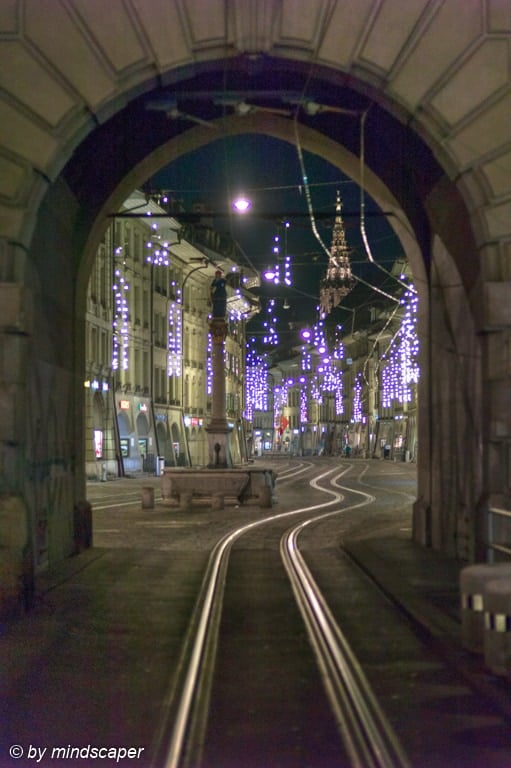Wavy Rail Track with Xmas Lights at Käfigturm Gate - Berne