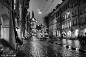 Kramgasse at Rain - Berne by Night in Black And White