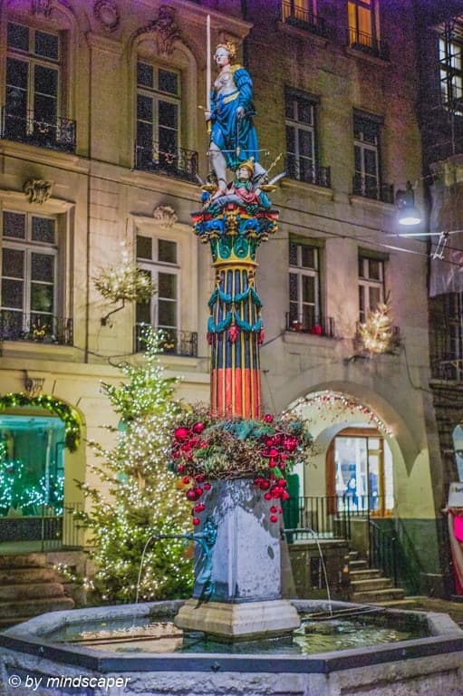 Justice Fountain with Xmas Tree - Berne by Night