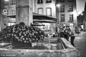 Flowered Venner Fountain and Volver Bar Tapas Café in Eveningrise - Berne in Black & White
