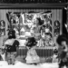 Xmas Market Miniature Model in a Store Window - Black & White