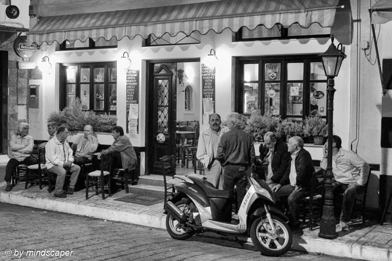 Late Night People at Trational Greek Kafeneion - Greece By Night in Black & White