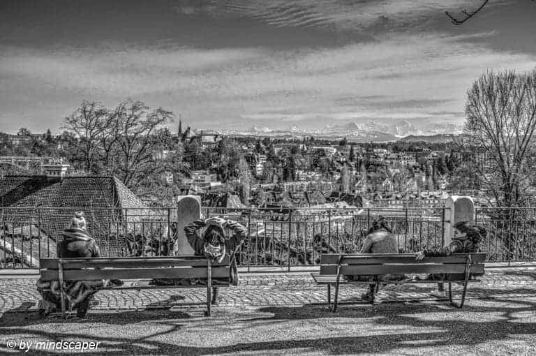Enjoying Midday Sun Ans Alpine Panorama At Europapromenade - Berne Street People in Black And White - HDR