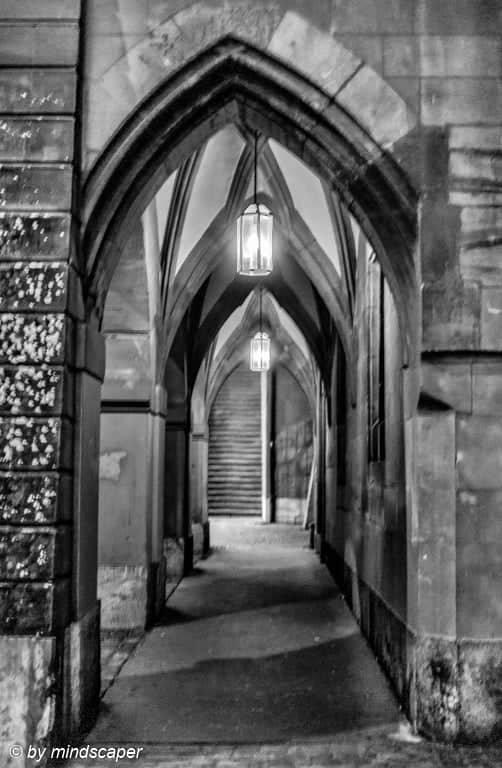 Rathaus Arcade with Lanterns at Night