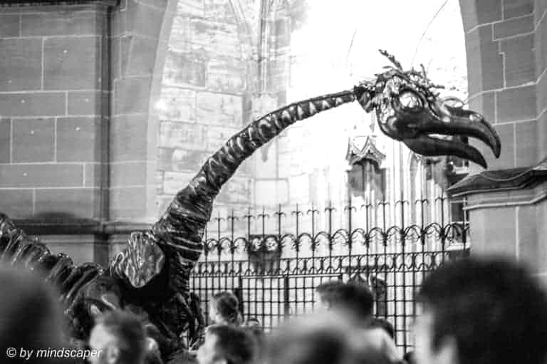 Dinosaur at Buskers 2018 - Black and White