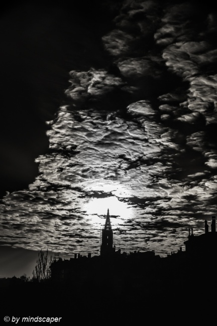 Clouded Sunset at Berne Minster in Black & White